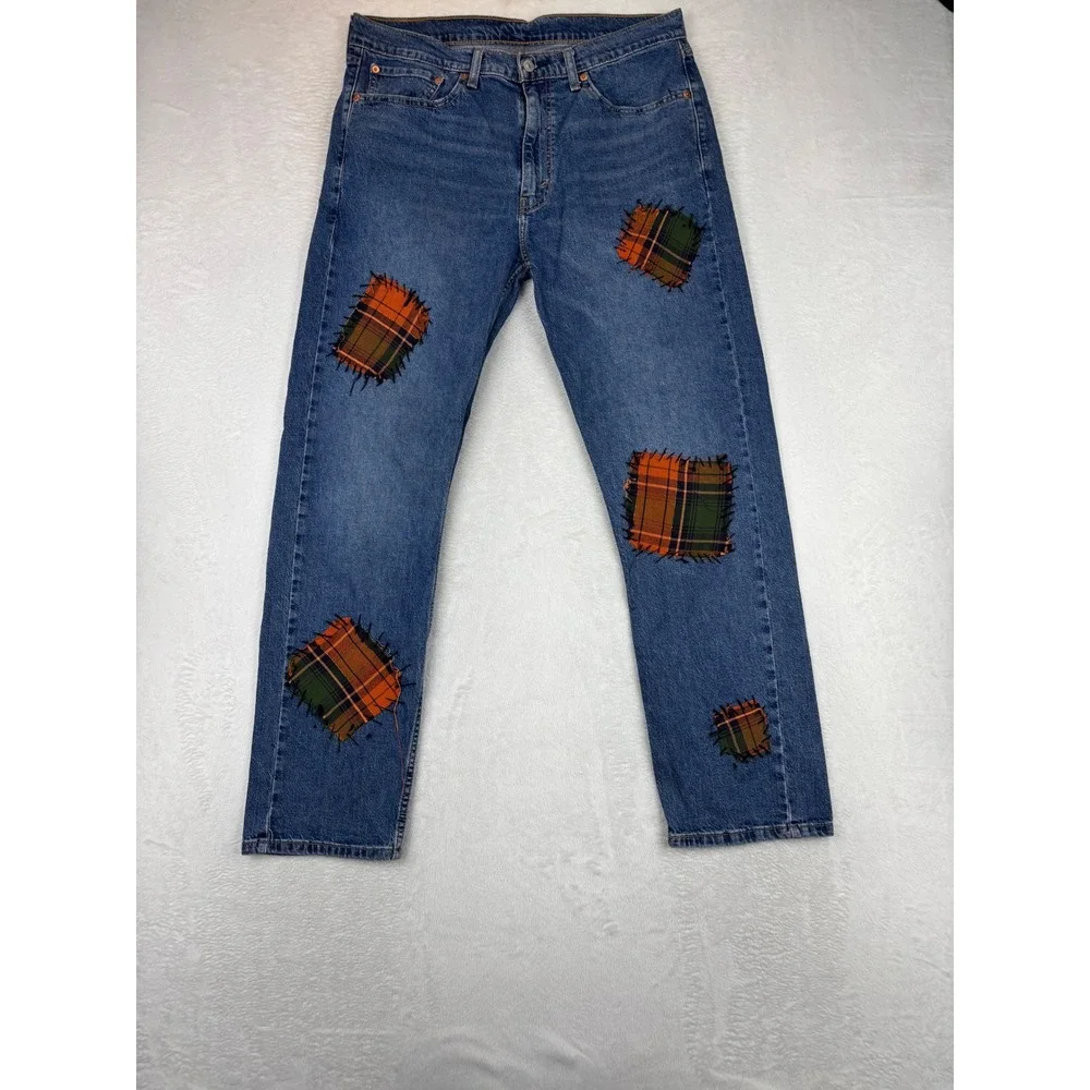 Levi's 505 Men's 36x32 Jeans Scare Crow Plaid Patchwork Grungy Deep Blue Denim